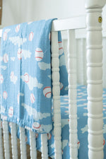 Organic Bamboo Cotton Muslin Swaddle Blanket in Baseballs in the Sky