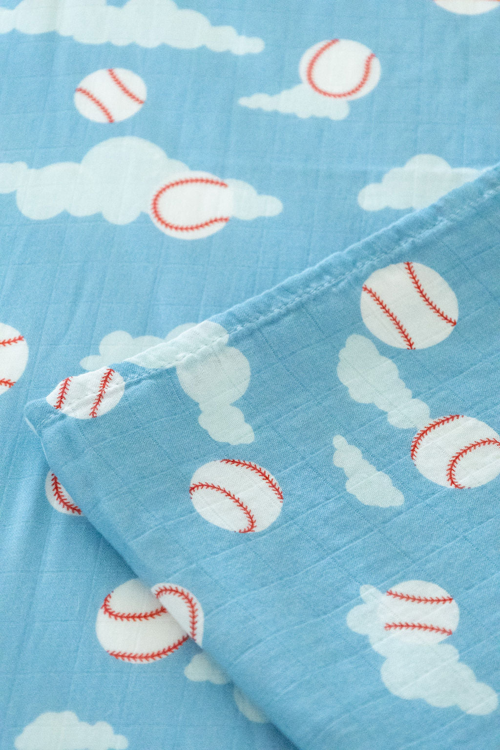 Organic Bamboo Cotton Muslin Crib Sheet in Baseballs in the Sky