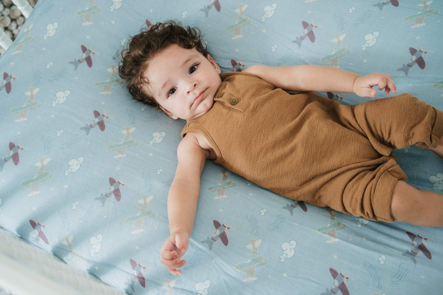 Organic Bamboo Cotton Muslin Crib Sheet in Dreamy Planes