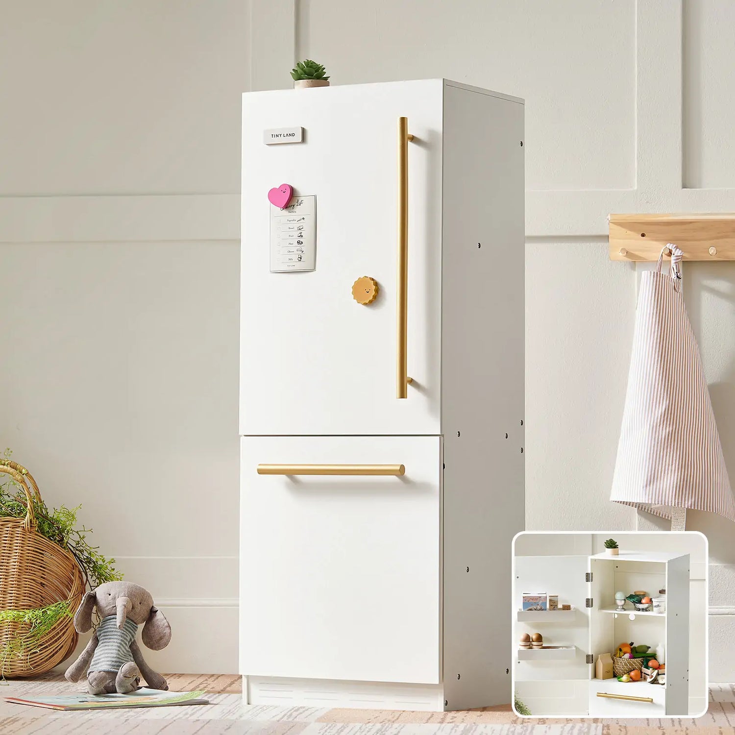 Tiny Land® Play Kitchen Accessories – Play Kitchen Fridge: Wooden Cabinet Refrigerator for Kids