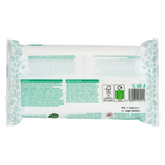 Back view of a package of baby wipes with text and logos on a white background